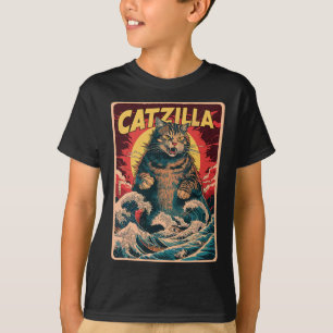 Catzilla Japansk Art Funny Cat Vintage Graphic T Shirt