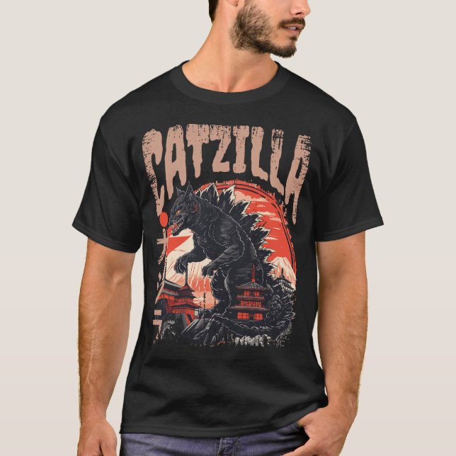 Catzilla Japansk Art Funny Cute Cat T Shirt (Framsida)