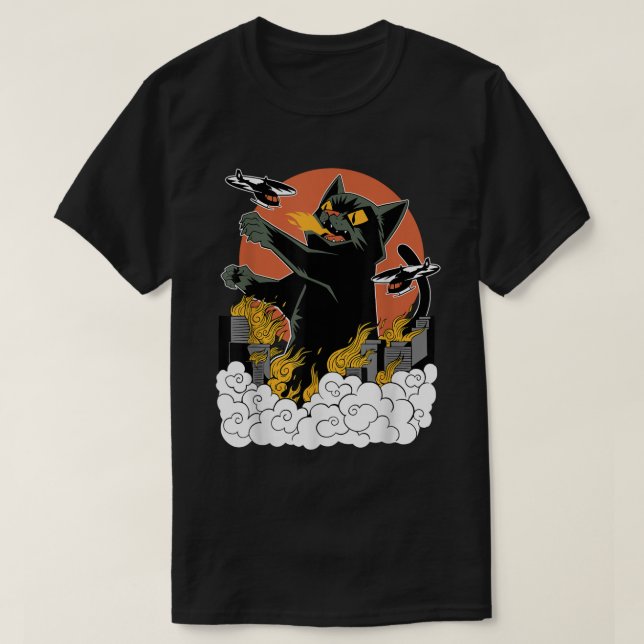 Catzilla Japansk Eldkatt Kaiju Konst T Shirt (Design framsida)