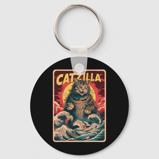 Catzilla Japansk Konst Rolig Katt Vintage Grafisk  Nyckelring (Framsida)