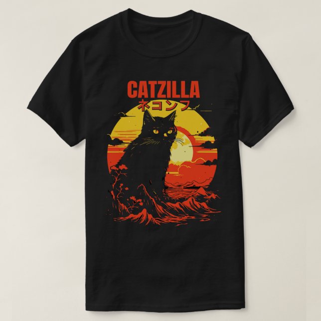 Catzilla Japanska Kanji Retro Mountain Sunset Cat T Shirt (Design framsida)