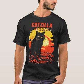 Catzilla Japanska Kanji Retro Mountain Sunset Cat T Shirt