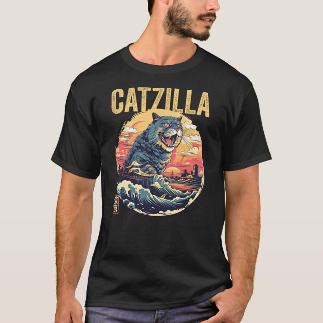 Catzilla Kaiju Cat Japanese Art Comic Anime Cat Ca T Shirt (Framsida)