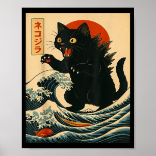 Catzilla Katt Japansk Konst Rolig Katt För Män Kvi Poster