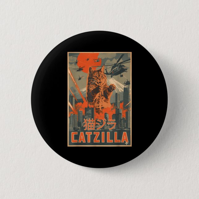 Catzilla Katt Japansk Konst Roliga Kattpresenter F Knapp (Framsida)