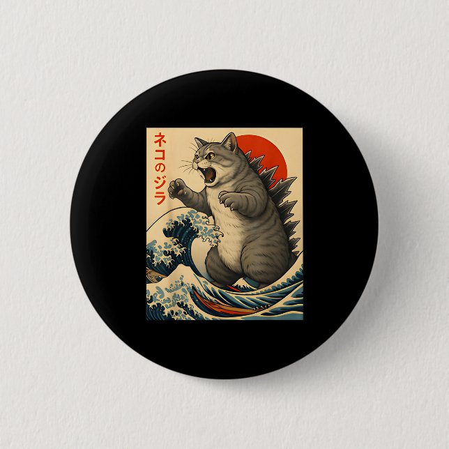 Catzilla Katt Japansk Konst Roliga Kattpresenter F Knapp (Framsida)
