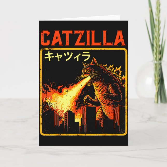 Catzilla Katt Monster Rolig Japansk Parodi Kvinnor Kort (Framsida)