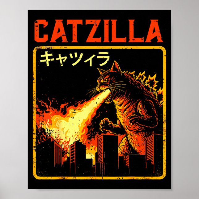 Catzilla Katt Monster Rolig Japansk Parodi Kvinnor Poster (Framsidan)