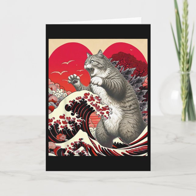 Catzilla Katt Valentine Japansk Konst Rolig Kattpr Kort (Framsida)