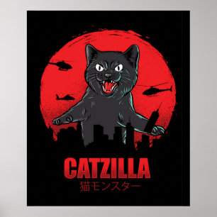 Catzilla Monster Cat Destroys Skyscraper Byggnad Poster