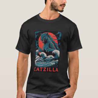 Catzilla Monster Cat Retro Japansk Stor Våg Kan T Shirt