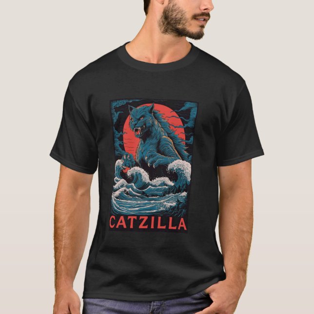 Catzilla Monster Cat Retro Japansk Stor Våg Kan T Shirt (Framsida)