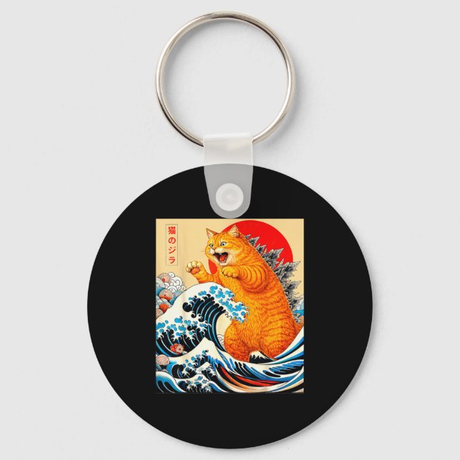 Catzilla orange katt japansk konst för män kvinnor nyckelring (Framsida)