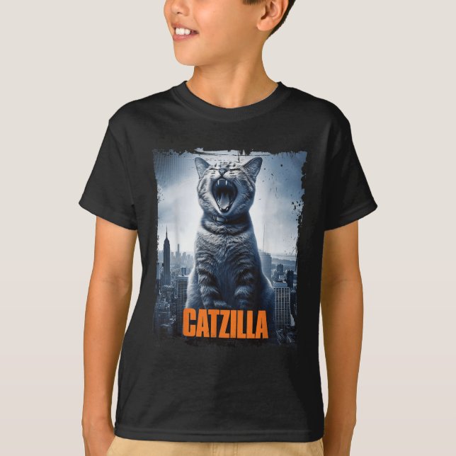 Catzilla Roaring over City Skyline Cat Monster Kit T Shirt (Framsida)
