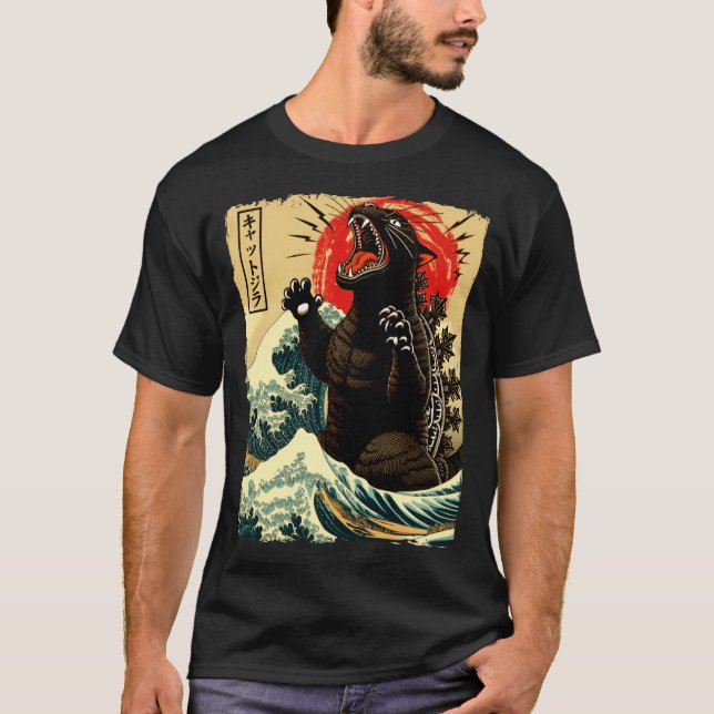 Catzilla Rolig Japansk Stil  T Shirt (Framsida)