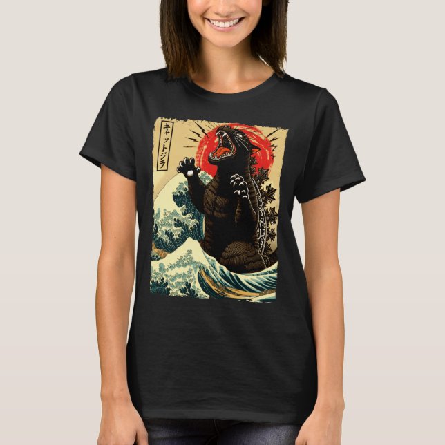 Catzilla Rolig Japansk Stil  T Shirt (Framsida)