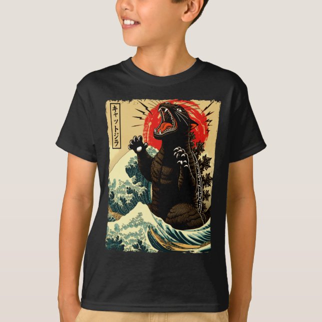 Catzilla Rolig Japansk Stil  T Shirt (Framsida)