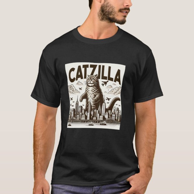 Catzilla Rolig Kattälskare Urban Stad Attack Kattu T Shirt (Framsida)