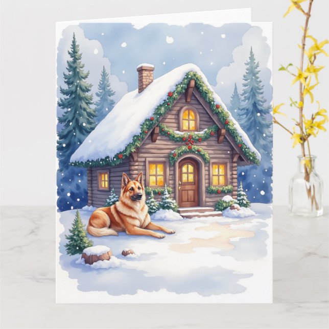 Caucasian Shepherd Dog Mountain Cabin Christmas Kort (Gul blomma)