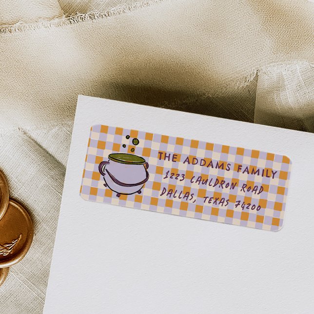 Cauldron Checkered Halloween Returadress Etikett (Witch Cauldron Purple and Orange Checkered Halloween Return Address Labels)
