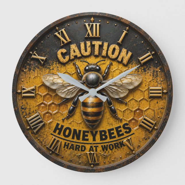 Caution Honeybees Hard at Work  Rustic Beekeeper  Stor Klocka (Framsida)