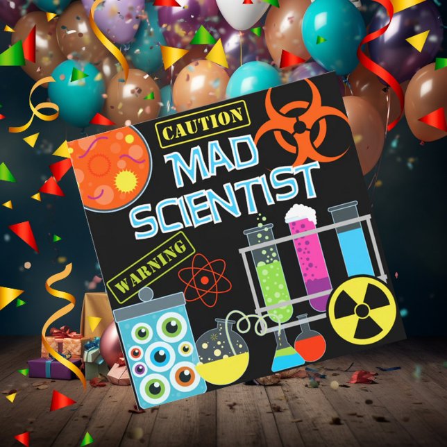 Caution Mad Scientist Födelsedagsfest inbjudan (Skapare uppladdad)