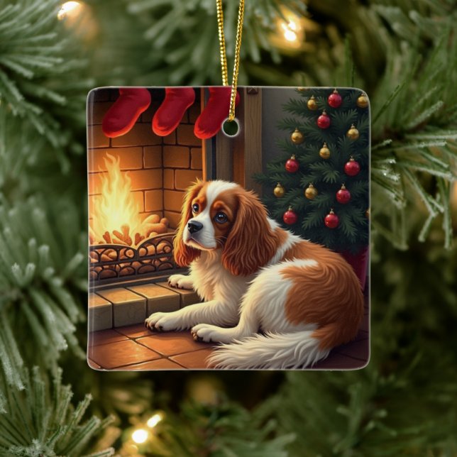 Cavalier King Charles by the Fireplace Christmas Julgransprydnad Keramik (Träd)
