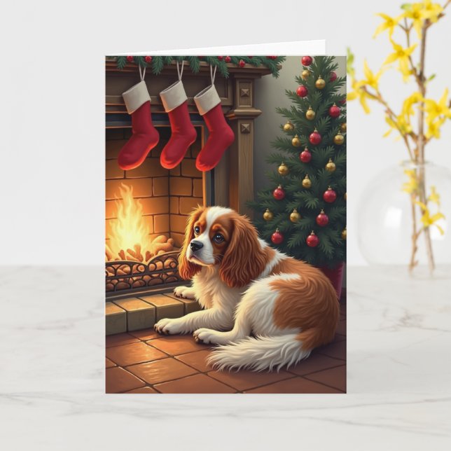 Cavalier King Charles by the Fireplace Christmas Kort (Gul blomma)