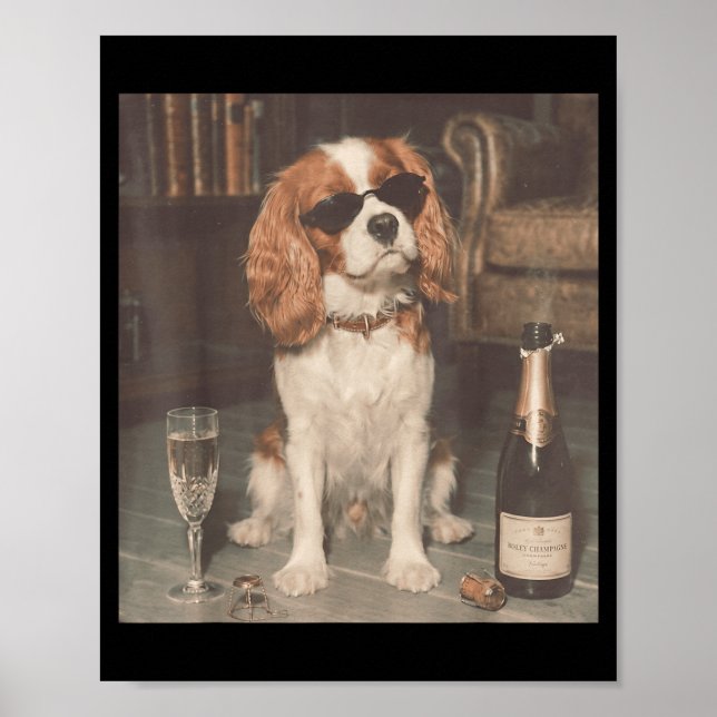 Cavalier King Charles dricker Champagne Roligt Poster (Framsidan)