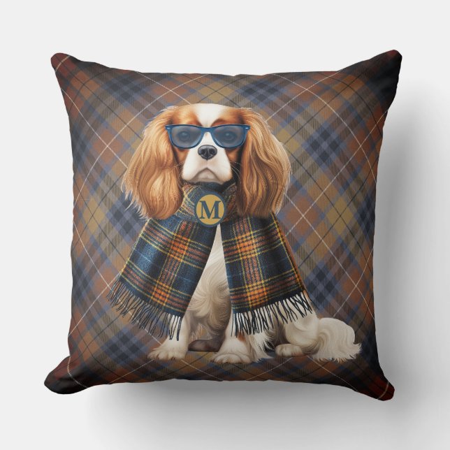 Cavalier King Charles Hund och Randig Monogram Kudde (Framsida)