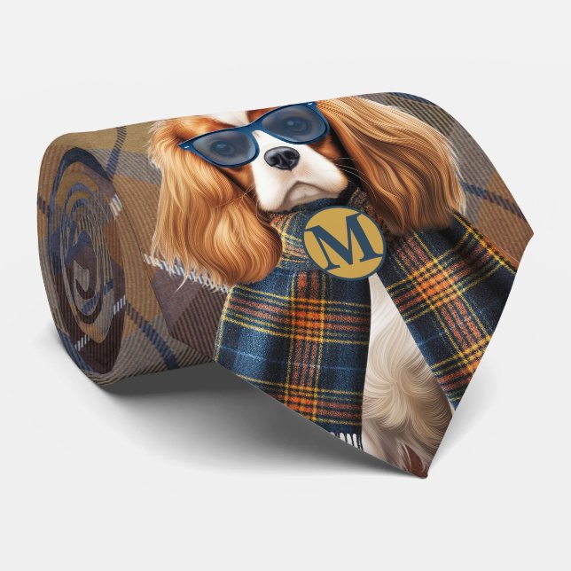 Cavalier King Charles Hund och Rutig Monogram Slips (Rullad)