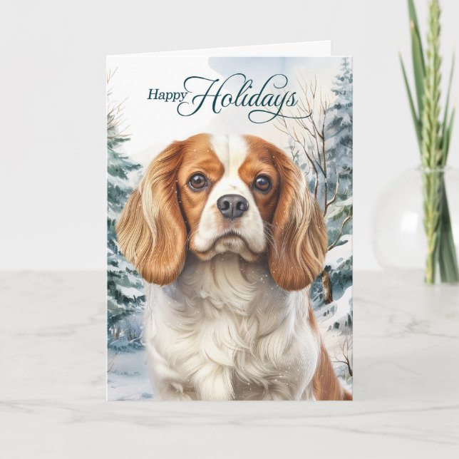 Cavalier King Charles Hund Vinter Skog Jul Helgkort (Framsida)