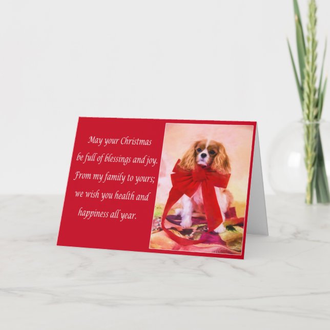 Cavalier King Charles julkort med röd rosett Helgkort (Framsida)