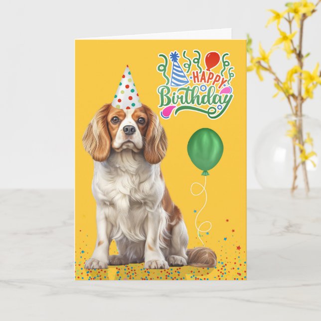 Cavalier King Charles Party Hat Yellow Birthday Kort (Gul blomma)