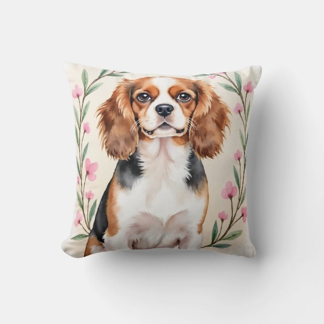 Cavalier King Charles Spaniel Akvarell Blommig  Kudde (Framsida)