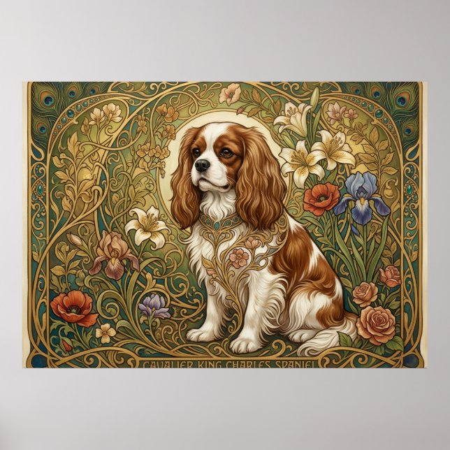 Cavalier King Charles Spaniel Art Nouveau Affisch  (Framsidan)