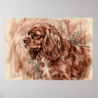 Cavalier King Charles Spaniel Blodröd Skiss Post Poster