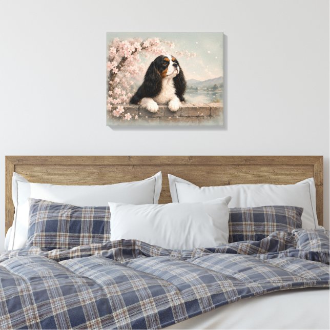 Cavalier King Charles Spaniel Blomsterporträtt | T Canvastryck (Insitu (sovrum))