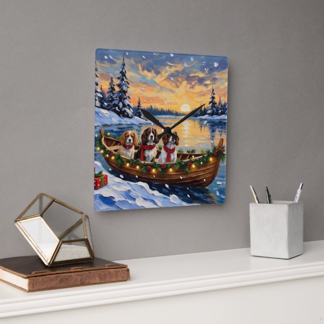 Cavalier King Charles Spaniel Christmas Boat Fyrkantig Klocka (Kontor)