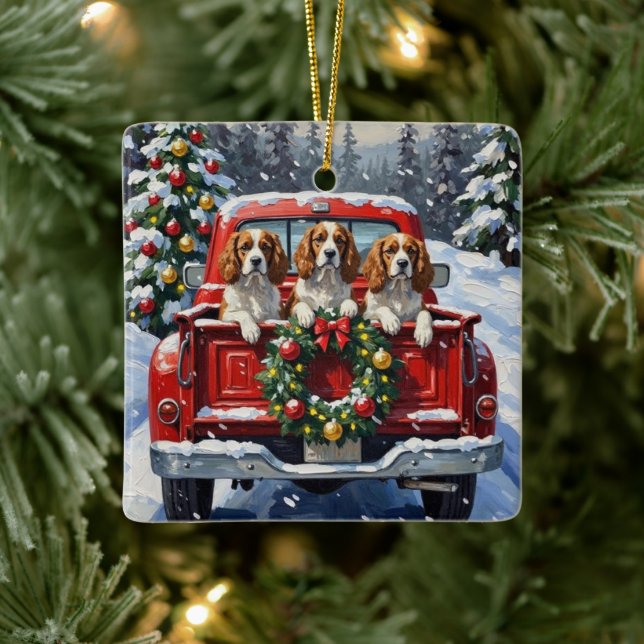 Cavalier King Charles Spaniel Christmas Red Truck Julgransprydnad Keramik (Träd)