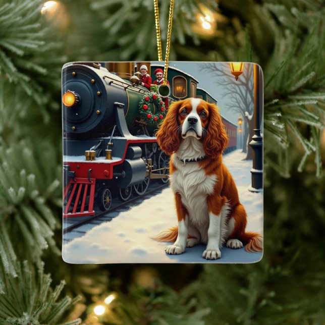 Cavalier King Charles Spaniel Christmas Train Julgransprydnad Keramik (Träd)