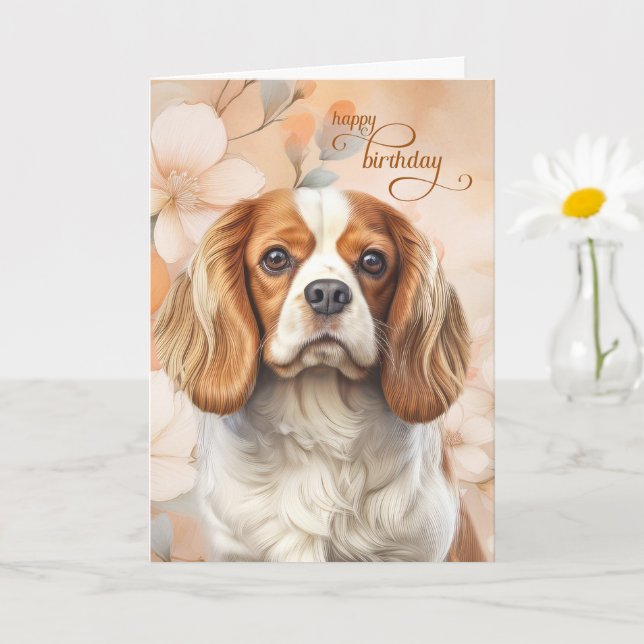 Cavalier King Charles Spaniel Dog Blossom Birthday Kort (Liten växt)