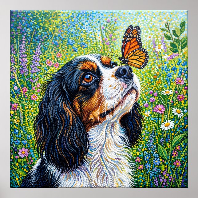 Cavalier King Charles Spaniel Fjärilsträdgård Pos Poster (Framsidan)
