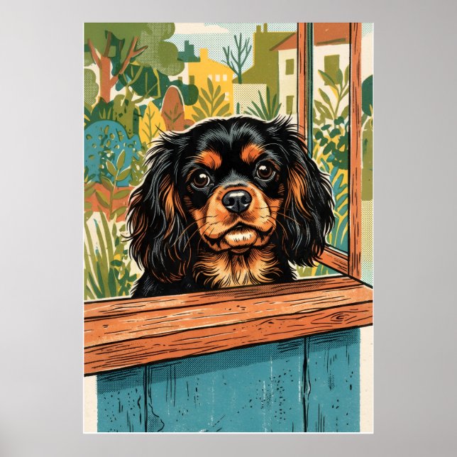 Cavalier King Charles Spaniel Fönster Vintage Illu Poster (Framsidan)