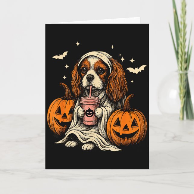 Cavalier King Charles Spaniel Ghost Halloween Cava Kort (Framsida)