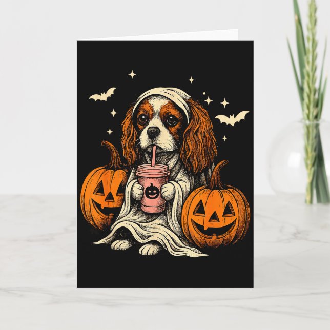 Cavalier King Charles Spaniel Ghost Halloween Cava Kort (Framsida)