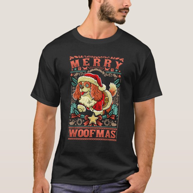 Cavalier King Charles Spaniel Glad Julför Woofmas  T Shirt (Framsida)