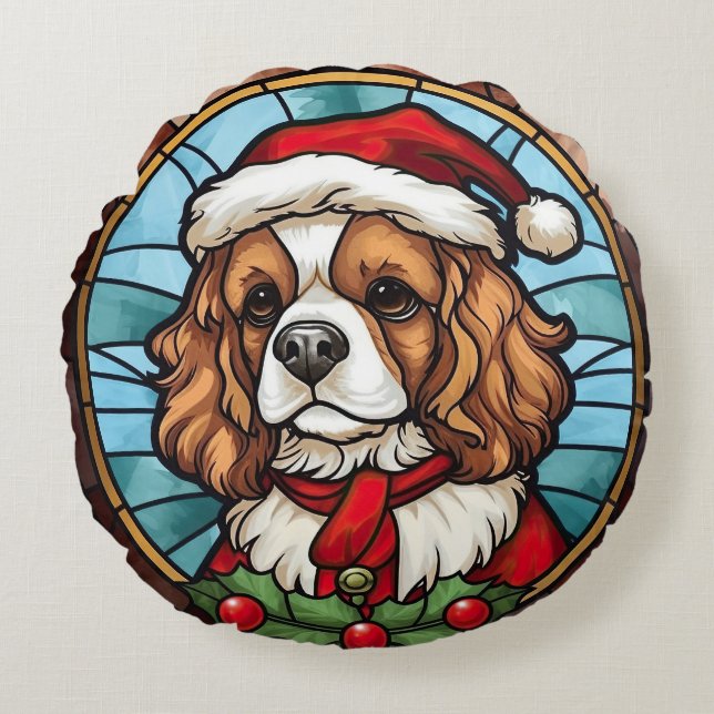 Cavalier King Charles Spaniel Glas Jul Rund Kudde (Framsidan)