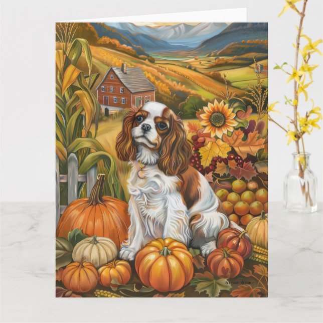 Cavalier King Charles Spaniel Höst Thanksgiving Kort (Gul blomma)