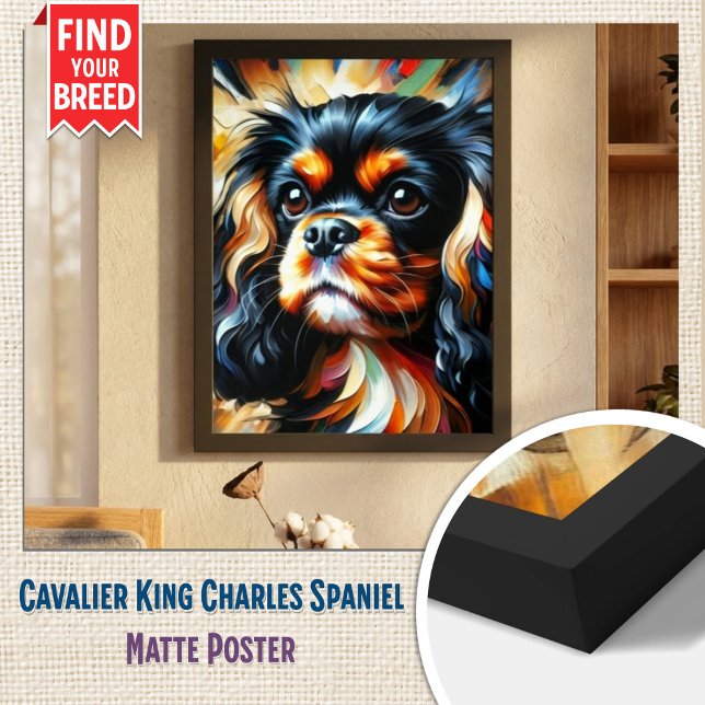 Cavalier King Charles Spaniel Hund Akryltryck Poster (Elegant Framed Matte Poster - Black & Tan Cavalier Art)